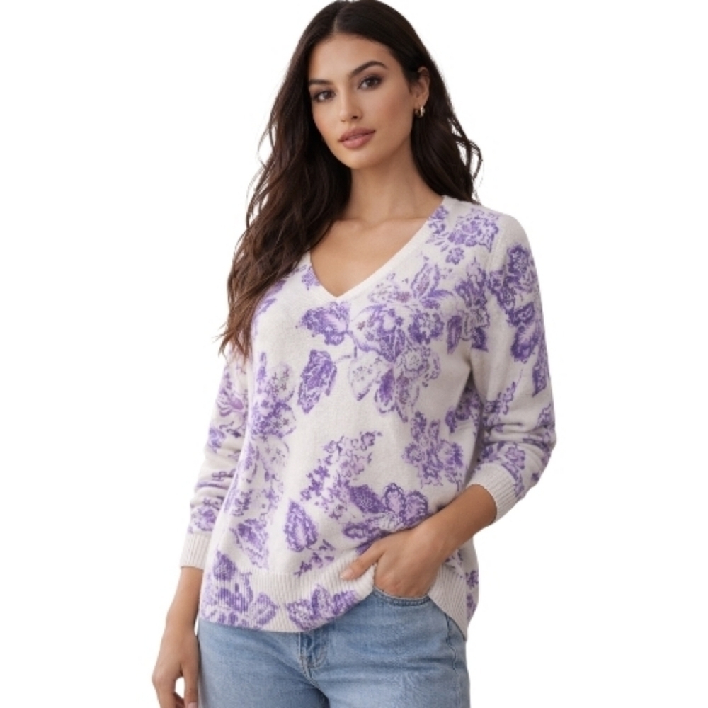 LOFT Purple Floral V-Neck Sweater Ivory Lavender Lightweight Knit